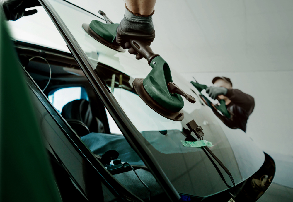 Image of two men lifting off a cars windshield using a vacuum lift.