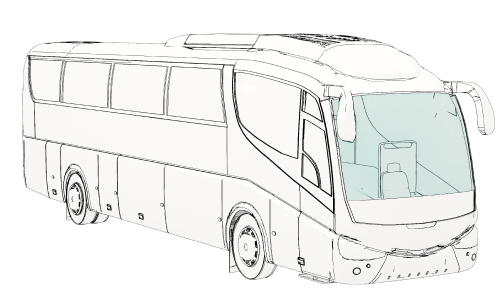 Svartvit illustration av en buss