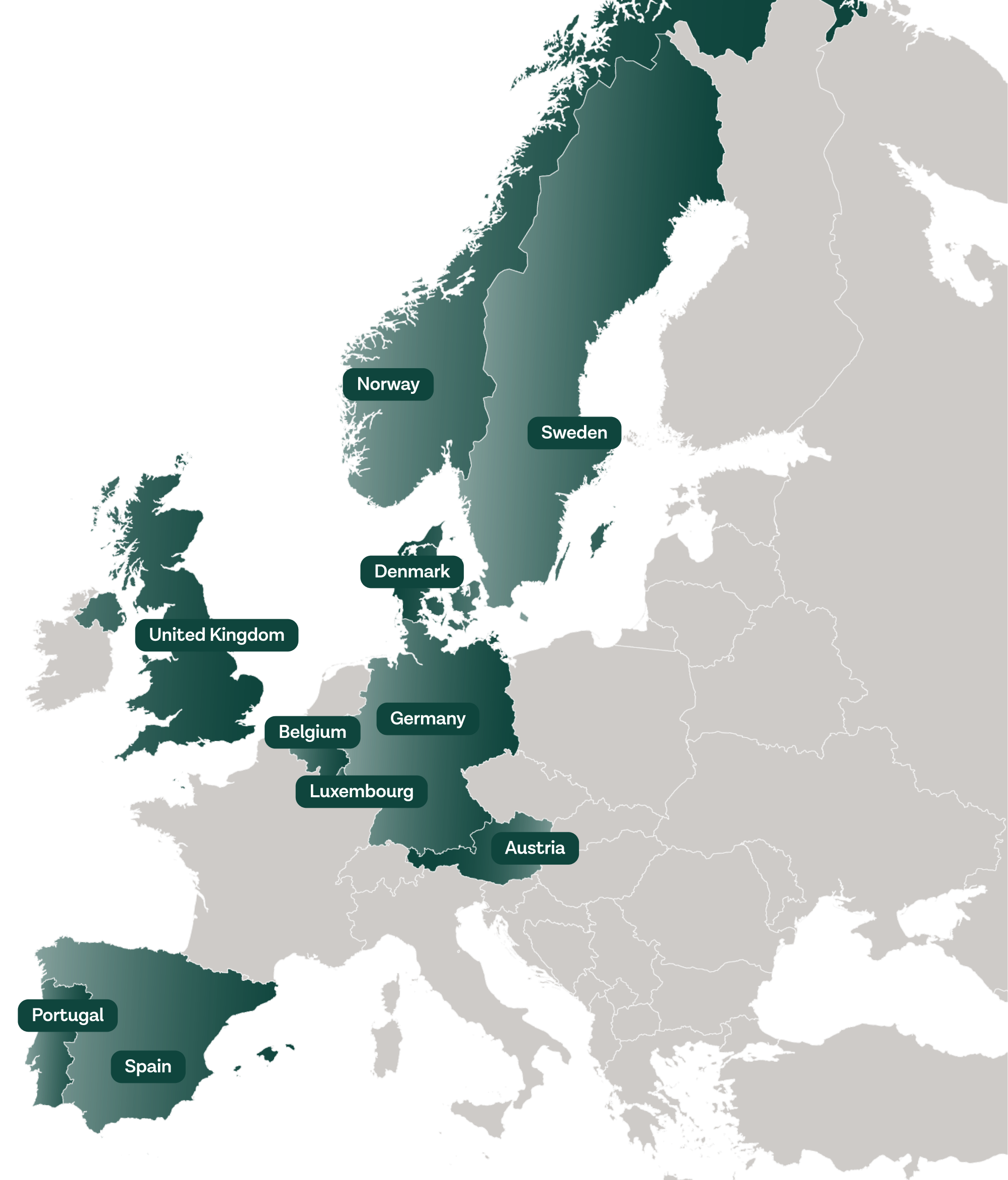 Karta på Europa med grönmarkerade länder.